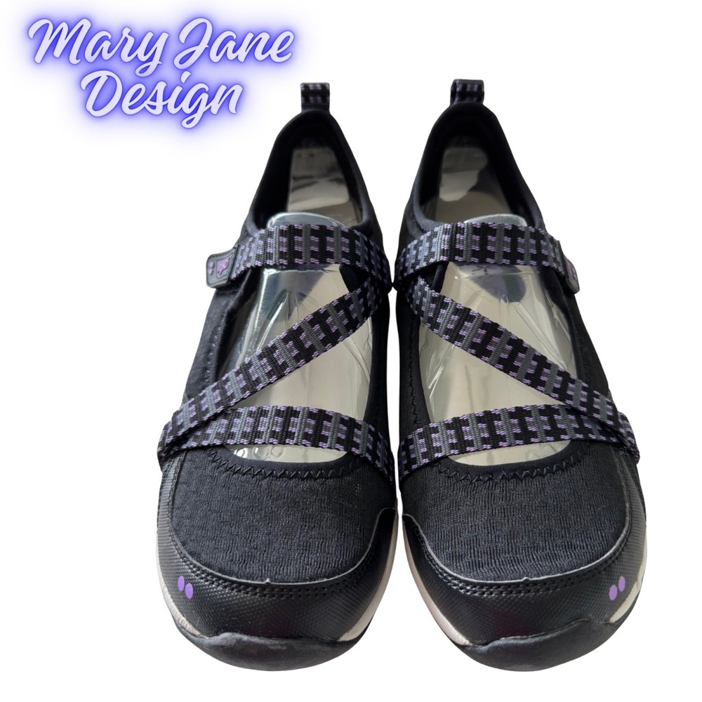 New Ryka Mary Jane Walking Shoes, Size 8, Black Purple Criss Cross Straps - Picture 3 of 11